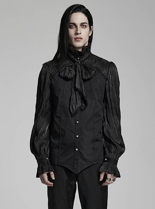 Gothic Style Elegant Ruffle Stand Collar Lace Pleated Woven Applique Vintage Black Long Sleeves Shirt