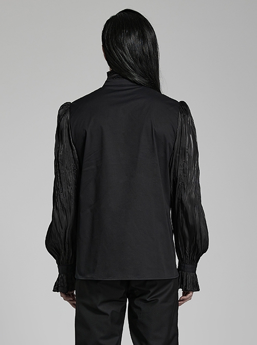 Gothic Style Elegant Ruffle Stand Collar Lace Pleated Woven Applique Vintage Black Long Sleeves Shirt