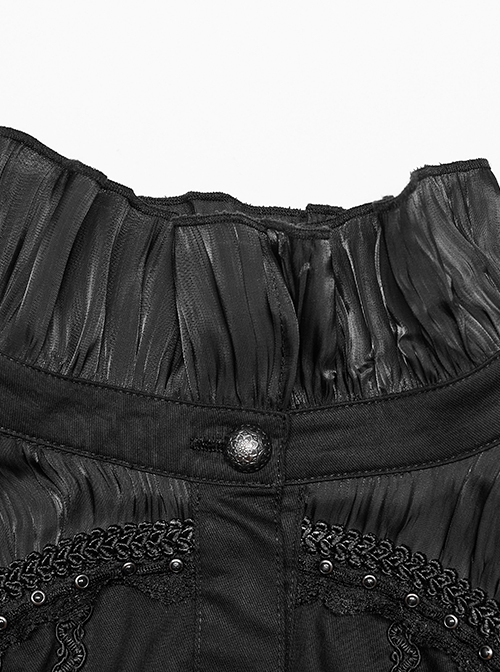 Gothic Style Elegant Ruffle Stand Collar Lace Pleated Woven Applique Vintage Black Long Sleeves Shirt