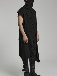 Punk Style High Collar Comfortable Stretch Knit Fabric Pointed Hem Handsome Black Loose Sleeveless Vest