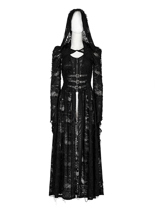 Gothic Style Knit Rose Pattern Ripped Sexy Backless Old Effect Metal Buckle Back Black Hooded Jacket