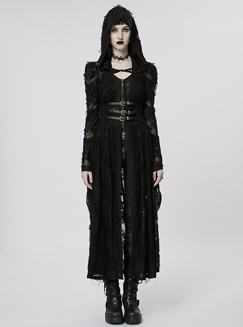 Gothic Style Knit Rose Pattern Ripped Sexy Backless Old Effect Metal Buckle Back Black Hooded Jacket