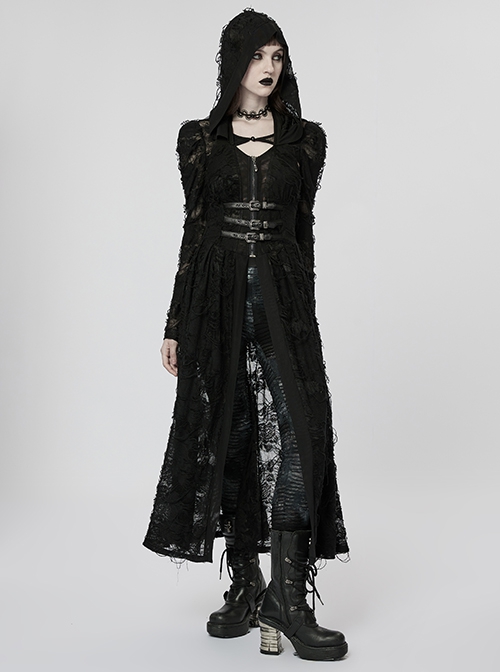 Gothic Style Knit Rose Pattern Ripped Sexy Backless Old Effect Metal Buckle Back Black Hooded Jacket