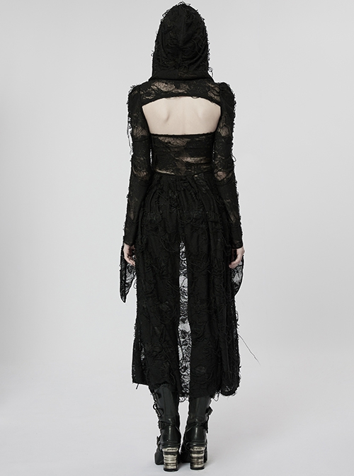 Gothic Style Knit Rose Pattern Ripped Sexy Backless Old Effect Metal Buckle Back Black Hooded Jacket