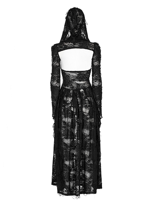 Gothic Style Knit Rose Pattern Ripped Sexy Backless Old Effect Metal Buckle Back Black Hooded Jacket