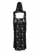 Gothic Style Knit Rose Pattern Ripped Sexy Backless Old Effect Metal Buckle Back Black Hooded Jacket