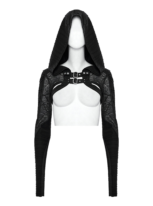 Punk Style Unique Detachable Hood Metal Buckle Decoration Stretch Knit Fabric Black Long Sleeves Jacket