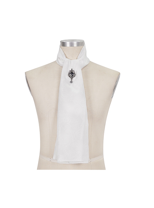 Gothic Style Handsome Printed Braided With Gem Brooch White Men's Neck Scarf