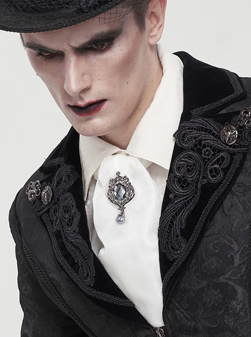 Gothic Style Handsome Printed Braided With Gem Brooch White Men's Neck Scarf