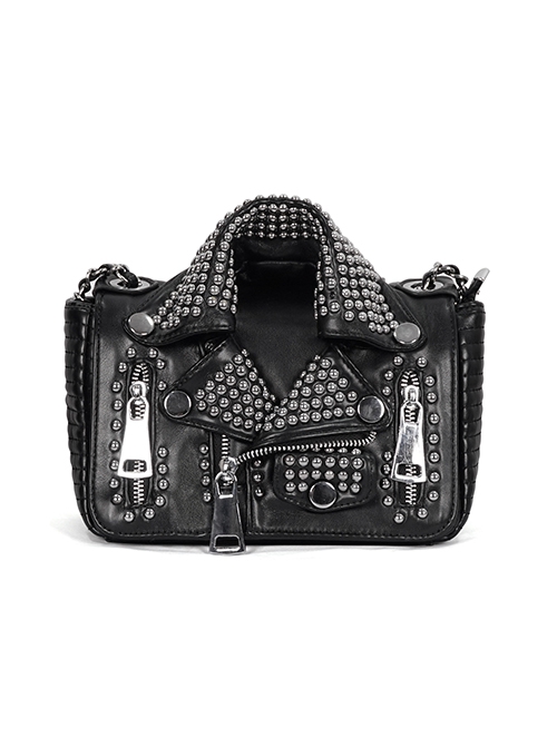 Punk Style Personalized Metal Rivet Zipper Decoration Black Imitation Leather Collar Chain Bag