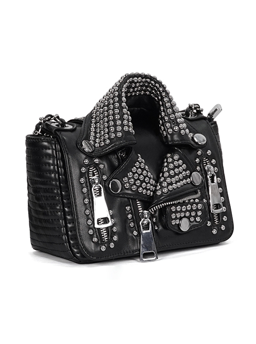 Punk Style Personalized Metal Rivet Zipper Decoration Black Imitation Leather Collar Chain Bag