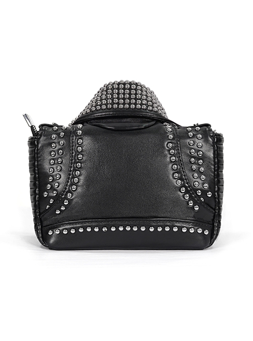 Punk Style Personalized Metal Rivet Zipper Decoration Black Imitation Leather Collar Chain Bag