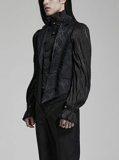 Gothic Style Elegant Lapel Exquisite Lace Ruffle Placket Jacquard Dark Pattern Black Fake Two Piece Vest