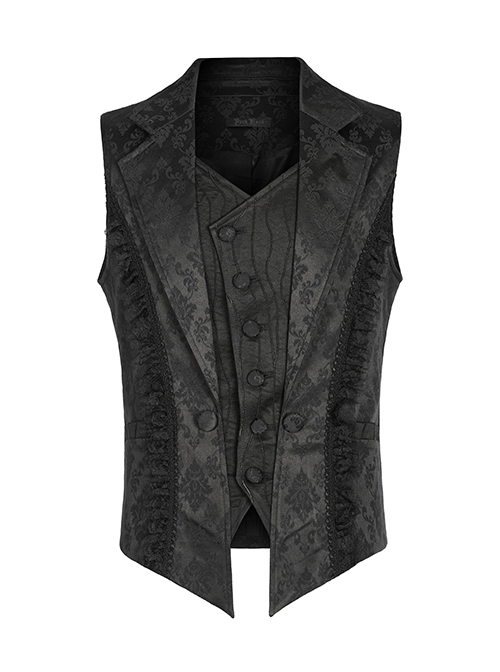 Gothic Style Elegant Lapel Exquisite Lace Ruffle Placket Jacquard Dark Pattern Black Fake Two Piece Vest
