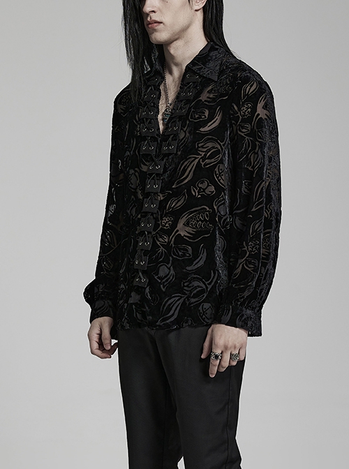 Gothic Style Lapel Gorgeous Flocked Devoured Mesh Vintage Mushroom Button Black Lantern Sleeves Shirt