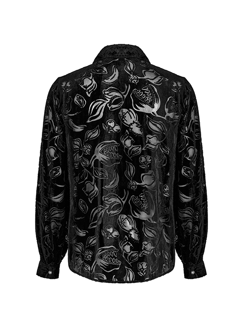 Gothic Style Lapel Gorgeous Flocked Devoured Mesh Vintage Mushroom Button Black Lantern Sleeves Shirt