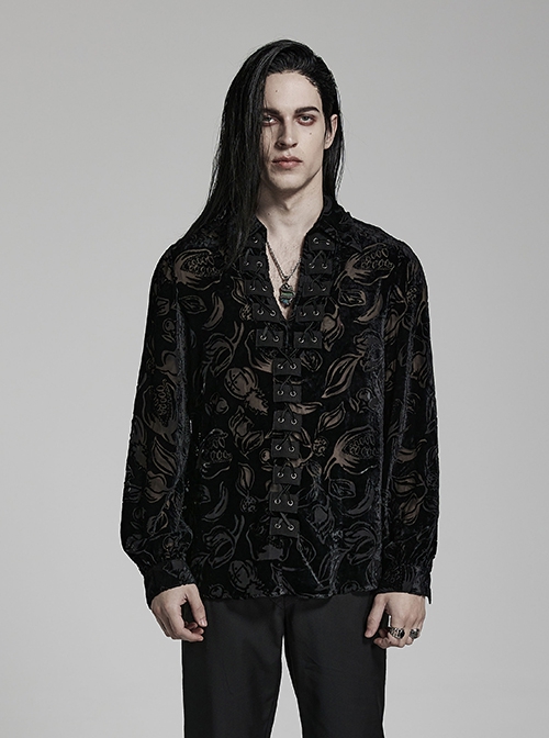 Gothic Style Lapel Gorgeous Flocked Devoured Mesh Vintage Mushroom Button Black Lantern Sleeves Shirt