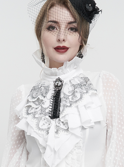 Gothic Style Exquisite Black Lace Embroidered Chiffon Layered Ruffles White Three Dimensional Collar