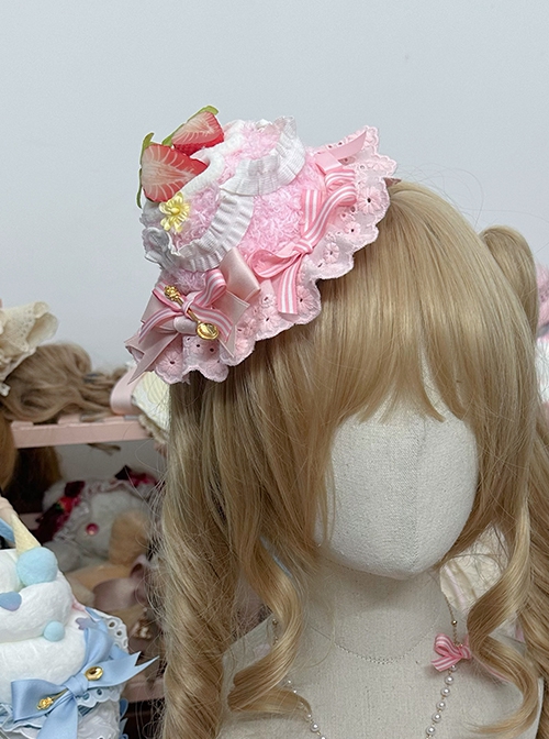 Simulated Cute Double Strawberry Cake Pink Cream Fluffy Lace Ribbon Bowknot Sweet Lolita High Hat