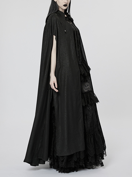 Gothic Style Pointed Lapel Crystal Pendant Decoration Mysterious Lace Applique Black Chiffon Long Cape