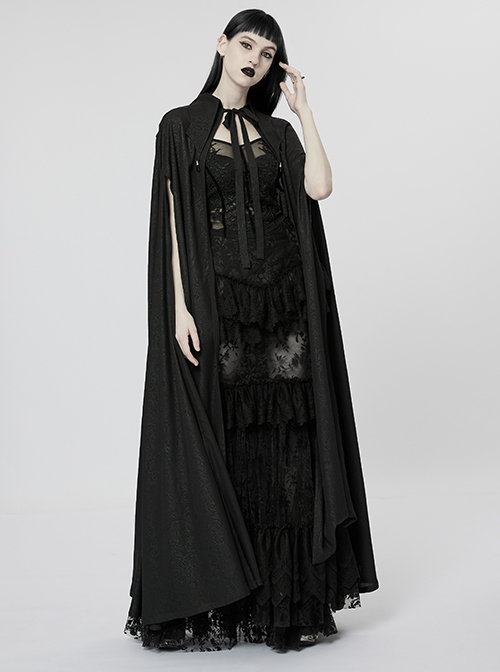 Gothic Style Pointed Lapel Crystal Pendant Decoration Mysterious Lace Applique Black Chiffon Long Cape