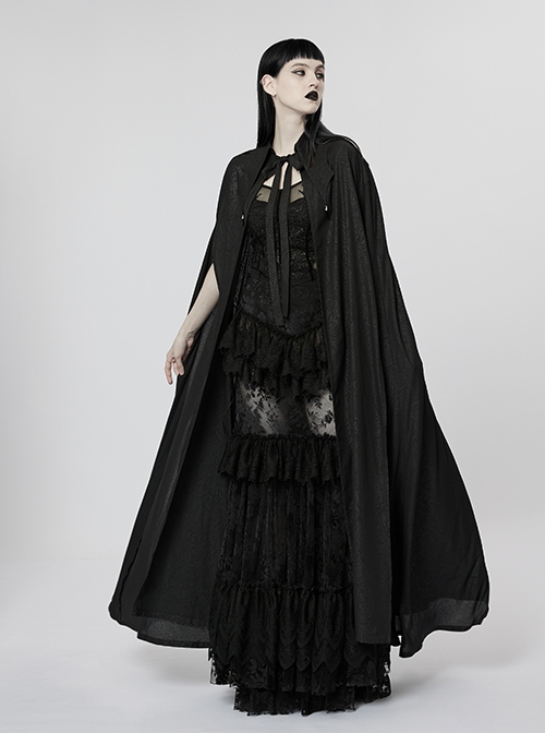 Gothic Style Pointed Lapel Crystal Pendant Decoration Mysterious Lace Applique Black Chiffon Long Cape