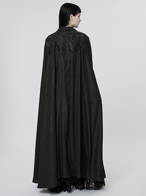 Gothic Style Pointed Lapel Crystal Pendant Decoration Mysterious Lace Applique Black Chiffon Long Cape