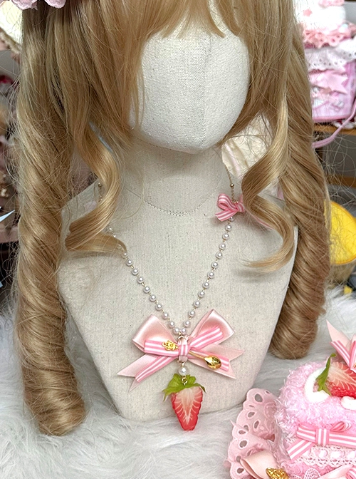 Simulation Sliced ​​Strawberry Pendant Cute Little Golden Spoon Tea Party Sweet Lolita Elegant Pearl Necklace