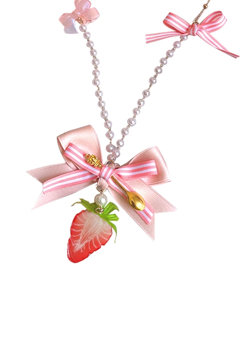 Simulation Sliced ​​Strawberry Pendant Cute Little Golden Spoon Tea Party Sweet Lolita Elegant Pearl Necklace