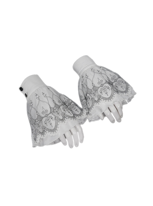 Gothic Style Exquisite Black Embroidered Lace Adjustable Chiffon Layered Ruffles White Oversleeves