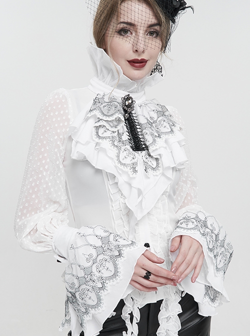 Gothic Style Exquisite Black Embroidered Lace Adjustable Chiffon Layered Ruffles White Oversleeves