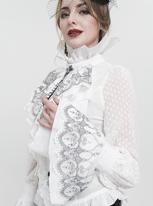 Gothic Style Exquisite Black Embroidered Lace Adjustable Chiffon Layered Ruffles White Oversleeves