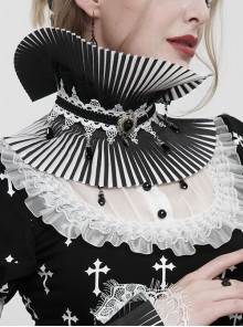 Gothic Style Lace Hard Net With Hand-Sewn Three-Dimensional Ribbon Water Drop Beads Black And White Pleated Collar