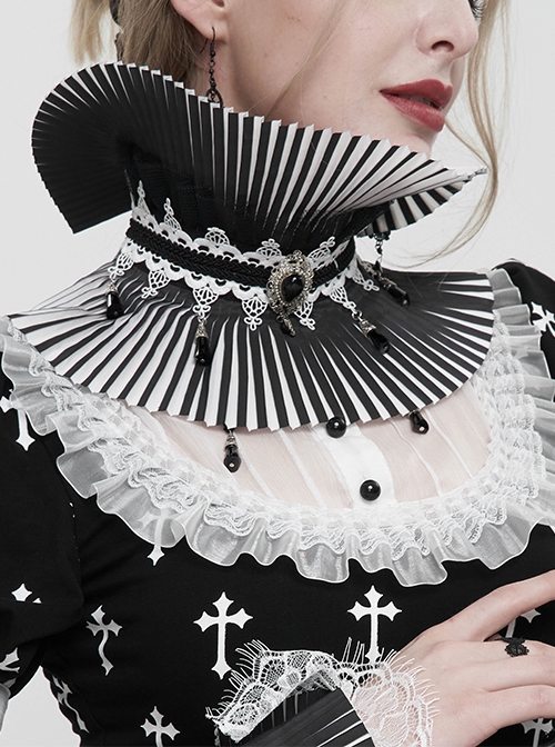 Gothic Style Lace Hard Net With Hand-Sewn Three-Dimensional Ribbon Water Drop Beads Black And White Pleated Collar