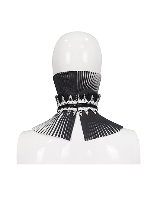 Gothic Style Lace Hard Net With Hand-Sewn Three-Dimensional Ribbon Water Drop Beads Black And White Pleated Collar
