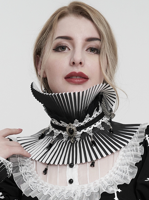 Gothic Style Lace Hard Net With Hand-Sewn Three-Dimensional Ribbon Water Drop Beads Black And White Pleated Collar