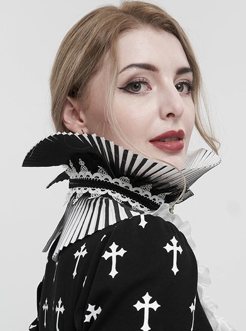 Gothic Style Lace Hard Net With Hand-Sewn Three-Dimensional Ribbon Water Drop Beads Black And White Pleated Collar