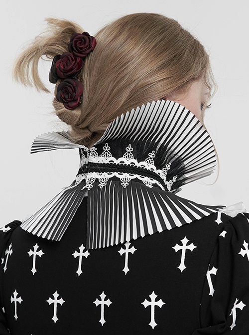 Gothic Style Lace Hard Net With Hand-Sewn Three-Dimensional Ribbon Water Drop Beads Black And White Pleated Collar