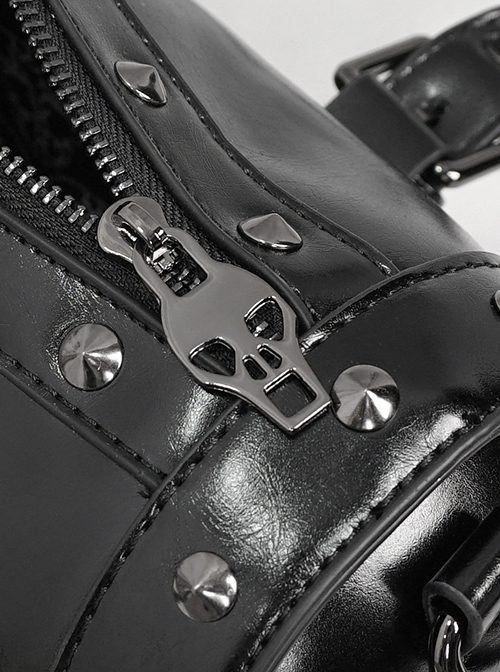 Punk Style Simple Metal Rivet Decoration With Skull Zipper Pattern Black Everyday Leather Bag