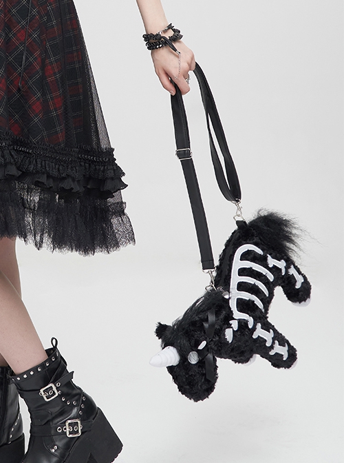 Gothic Style Personalized Plush Unicorn White Skull Pattern Black Fashion Shoulder Strap Handbag