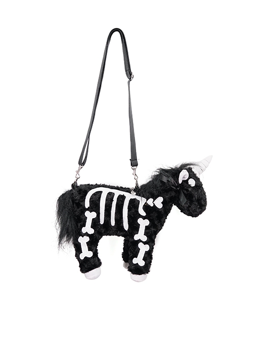 Gothic Style Personalized Plush Unicorn White Skull Pattern Black Fashion Shoulder Strap Handbag