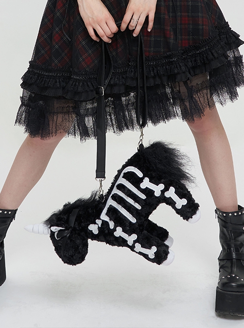 Gothic Style Personalized Plush Unicorn White Skull Pattern Black Fashion Shoulder Strap Handbag