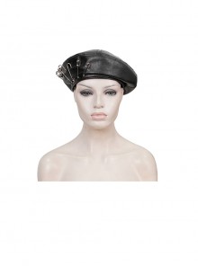 Gothic Style Handsome Shiny Front Middle Skull Pin Decoration Black Imitation Leather Adjustable Beret