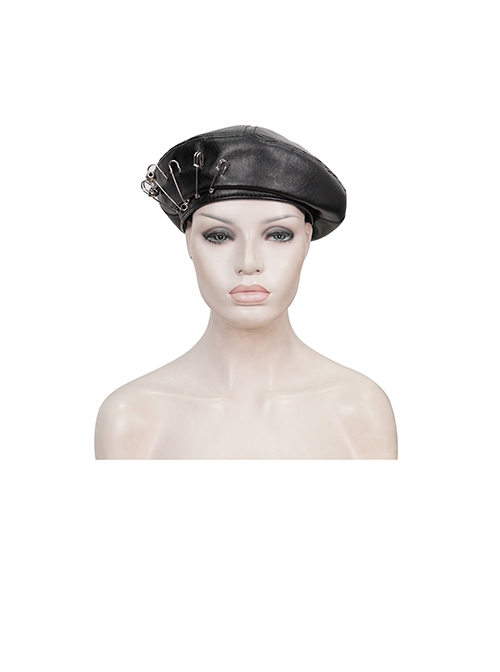 Gothic Style Handsome Shiny Front Middle Skull Pin Decoration Black Imitation Leather Adjustable Beret