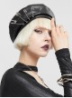 Gothic Style Handsome Shiny Front Middle Skull Pin Decoration Black Imitation Leather Adjustable Beret