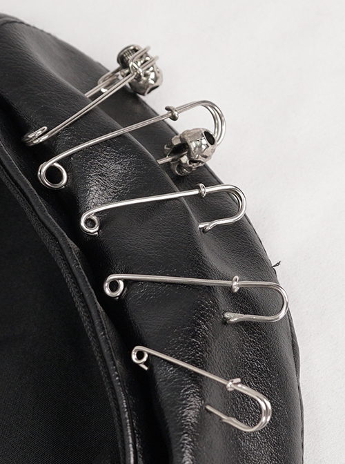 Gothic Style Handsome Shiny Front Middle Skull Pin Decoration Black Imitation Leather Adjustable Beret