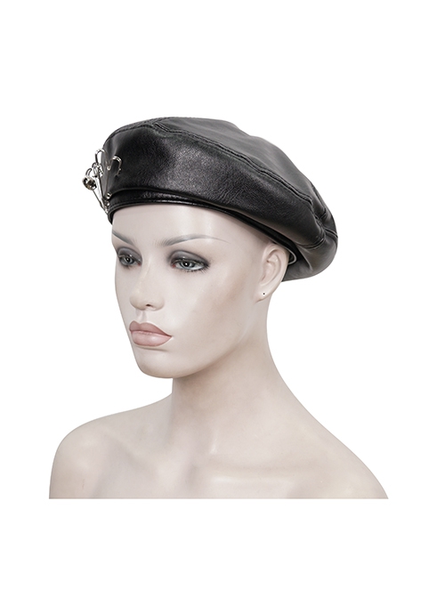 Gothic Style Handsome Shiny Front Middle Skull Pin Decoration Black Imitation Leather Adjustable Beret