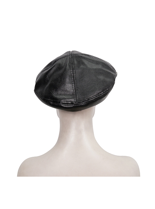 Gothic Style Handsome Shiny Front Middle Skull Pin Decoration Black Imitation Leather Adjustable Beret
