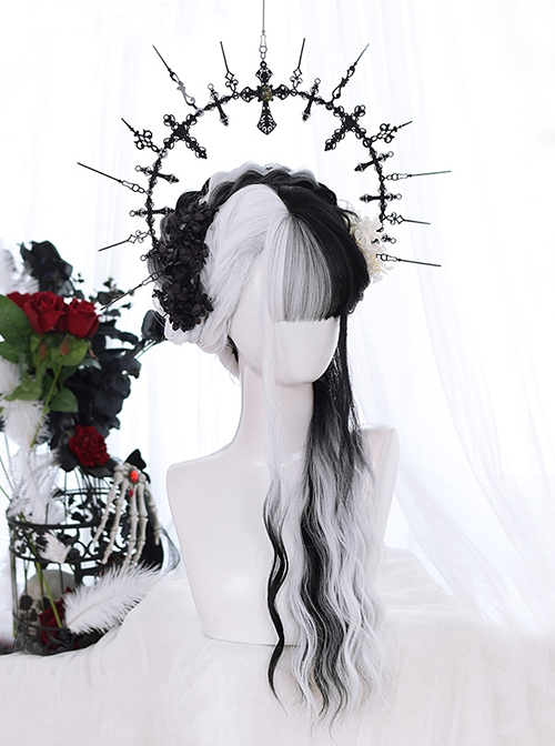 Pride Series Asymmetry Black White Water Ripple Noble Long Hair Gothic Flat Bangs Lolita Wig