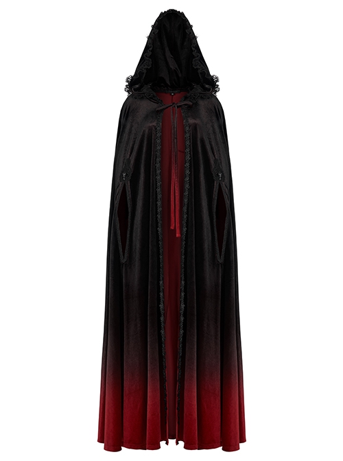 Gothic Style Luxury Velvet Exquisite Lace Ribbon Decoration Black  Red Dreamy Gradient Hooded Long Loak